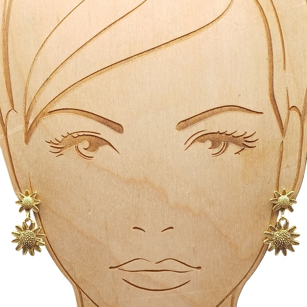 Vintage Sunflower Double Layer Gold-Tone Dangle Earrings